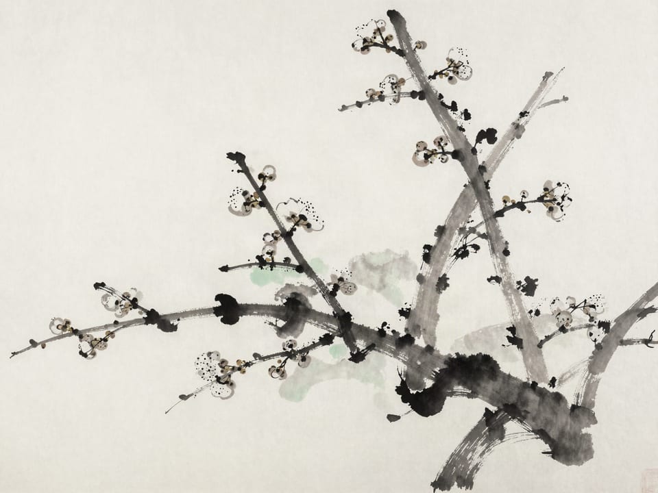 Ink wash painting: A single plum blossom opening on a bare branch weeks before the rest of the tree.