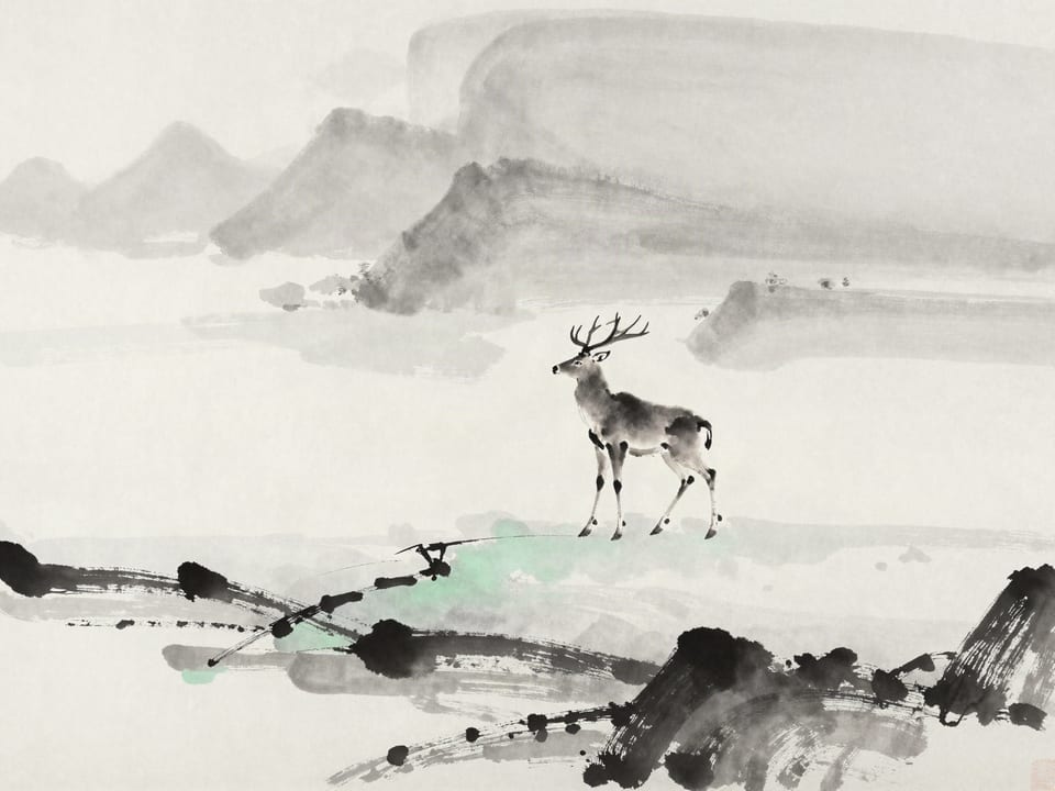 Ink wash painting: A stag stepping onto ice that cracks behind it, the safe path visible only ahead.
