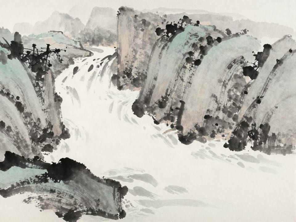 Ink wash painting: A swollen river breaking through a narrow gorge in one great white rush.
