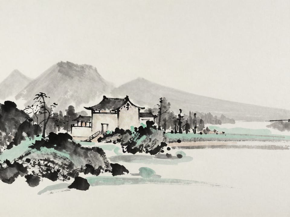 Ink wash painting: A temple built on bedrock above a floodplain, floodwaters parting around its foundations.
