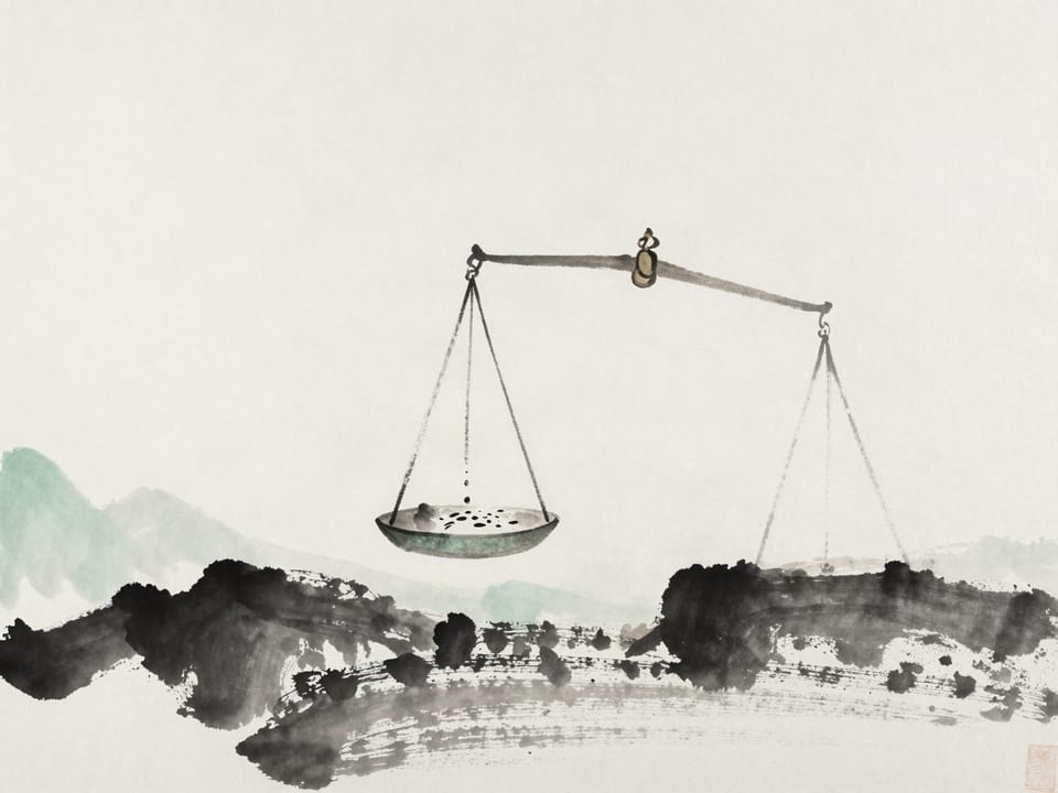 Ink wash painting: A large bronze weight on one side of a scale, a single grain of rice dropping toward the other pan.