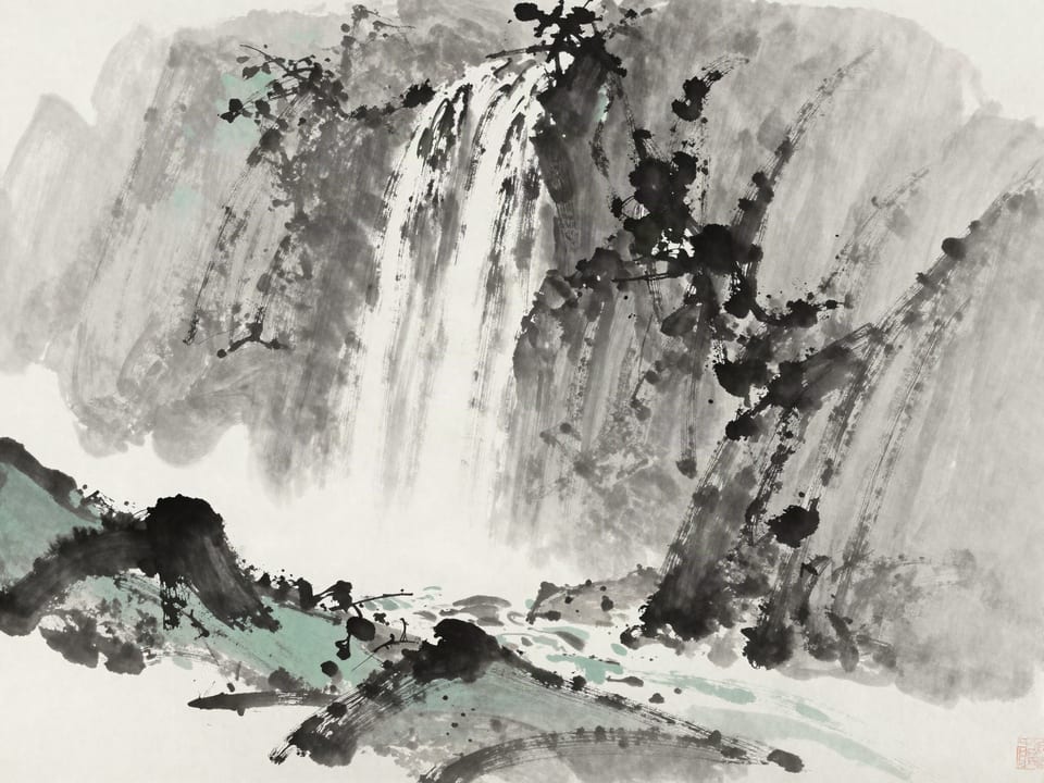 Ink wash painting: A cave mouth hidden behind a waterfall, the falling water revealing nothing.
