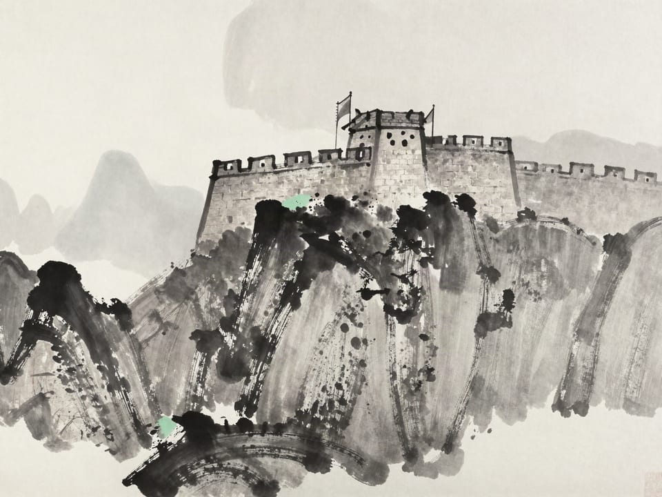 Ink wash painting: A stone fortress on a cliff, walls settled into rock, banners calm, storm breaking harmlessly below.
