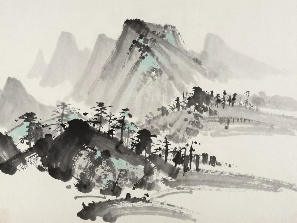 Ink wash painting: A calligrapher’s finished scroll already complete in his mind, brush hovering before the first stroke.