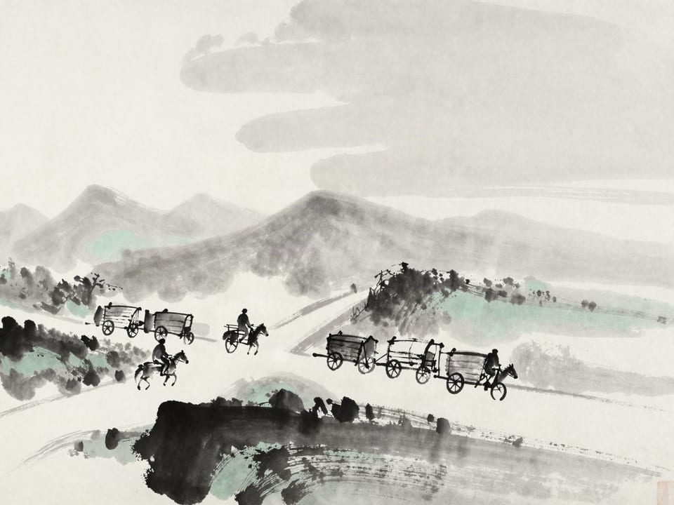 Ink wash painting: Riders claiming the sunny rise above an open crossroads, supply wagons filing in behind.