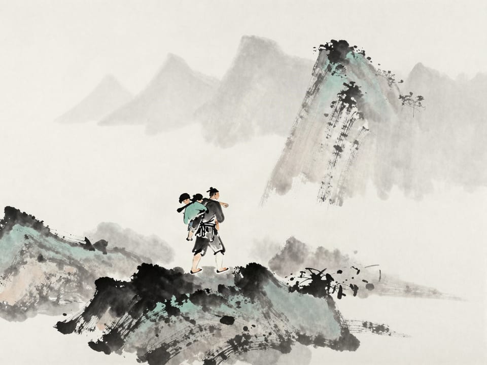 Ink wash painting: A captain carrying a wounded soldier on his back up a mountain path.
