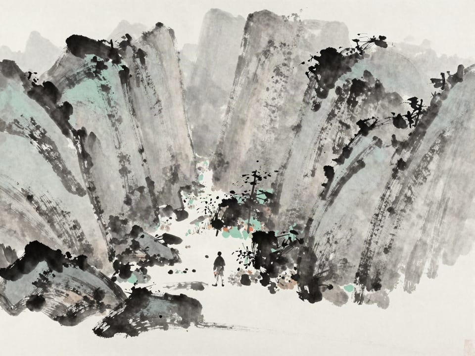 Ink wash painting: A lush valley that narrows to a throat of rock behind the entering traveler.