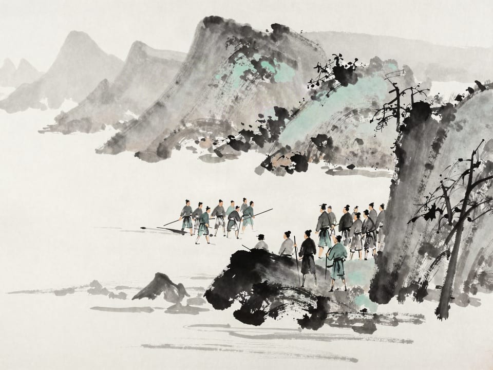 Ink wash painting: A general calmly holding his army at the sovereign’s gesture while the tide plainly turns his way.
