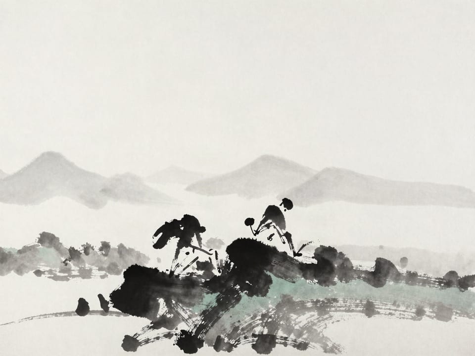 Ink wash painting: A small force breaking before a host ten times its size, the plain behind them empty.
