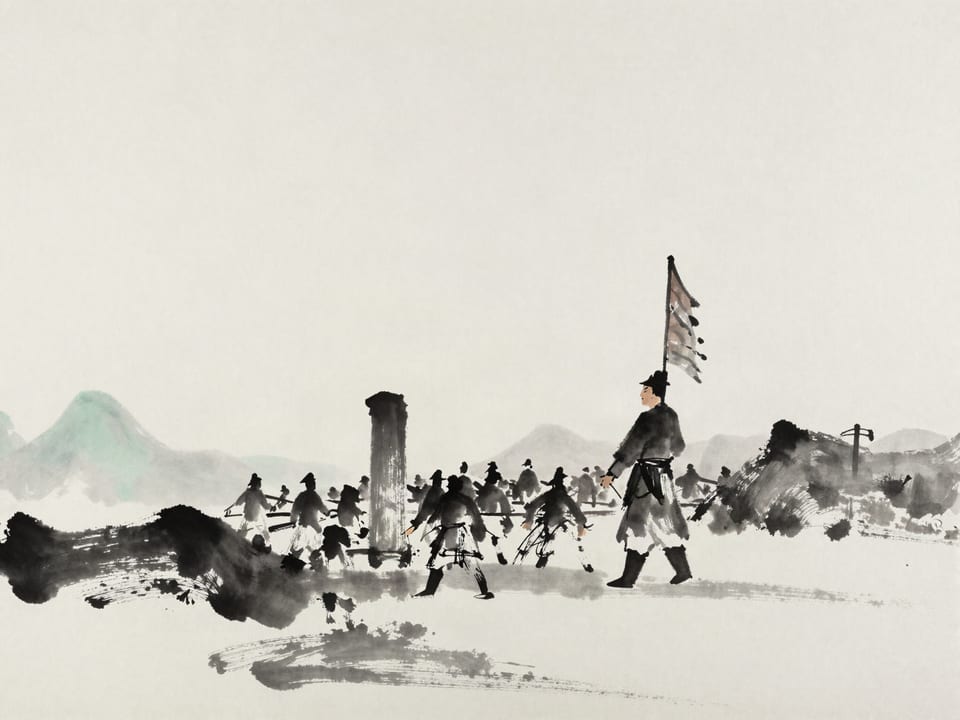 Ink wash painting: A commander whose raised banner no one follows, the column behind milling directionless.