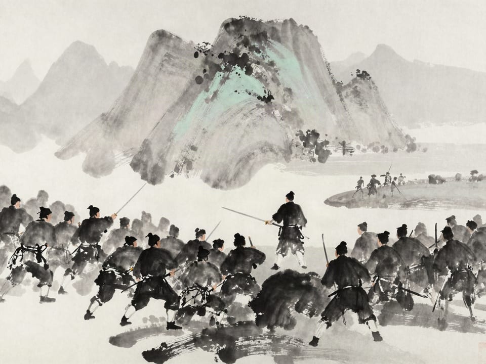 Ink wash painting: An officer ordering a charge alone, sword drawn, his unit unmoved behind him.