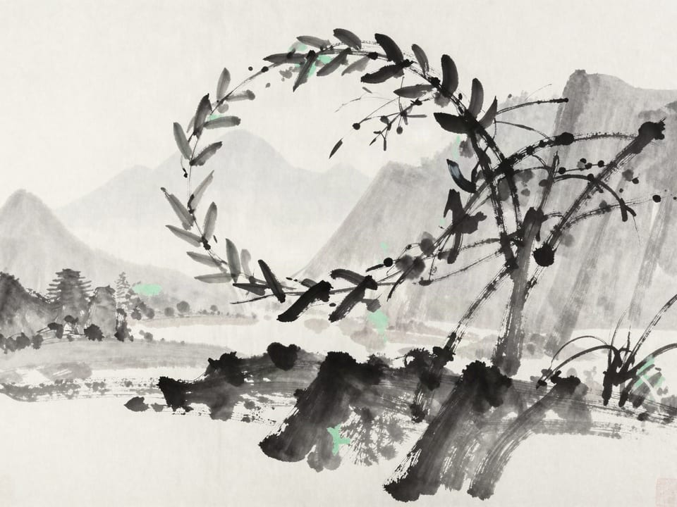 Ink wash painting: A general declining a laurel wreath, his eyes on the quiet border he keeps safe.