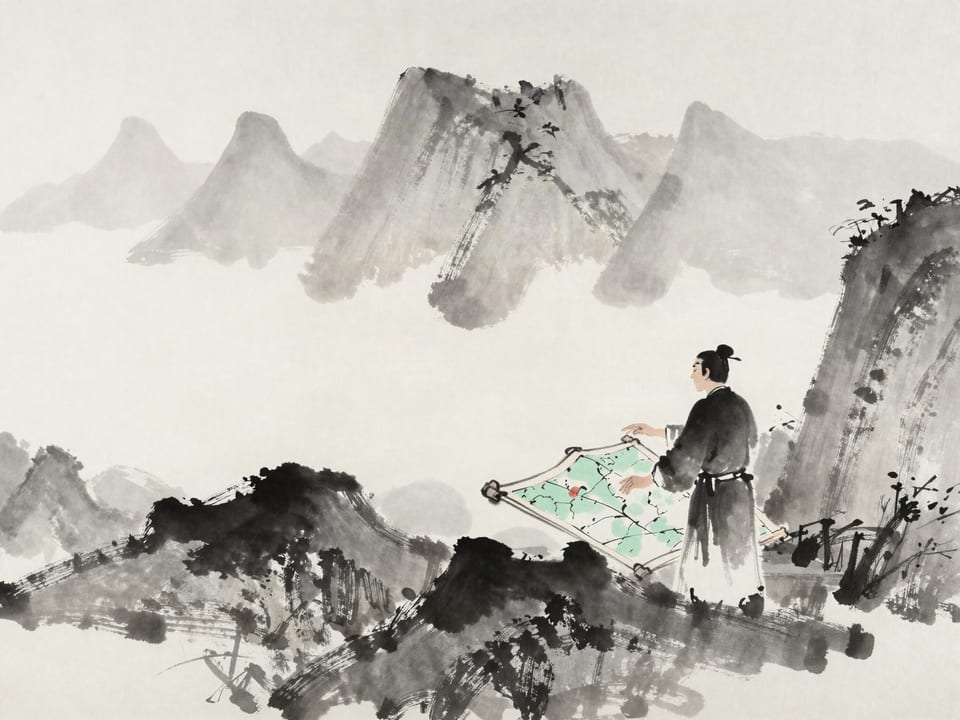 Ink wash painting: A commander with one hand on a map, the other gesturing to real mountains and sky.
