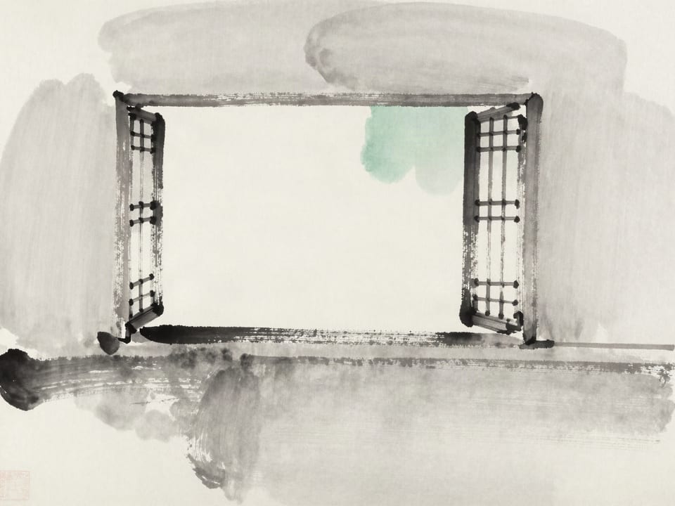 Ink wash painting: A general looking through a window with one shutter open, one closed, the view half-seen.