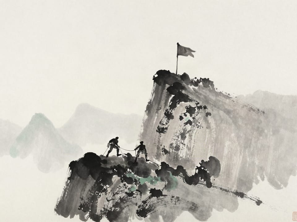 Ink wash painting: A flag planted on a summit by arriving climbers, the rival party still toiling up the scree below.