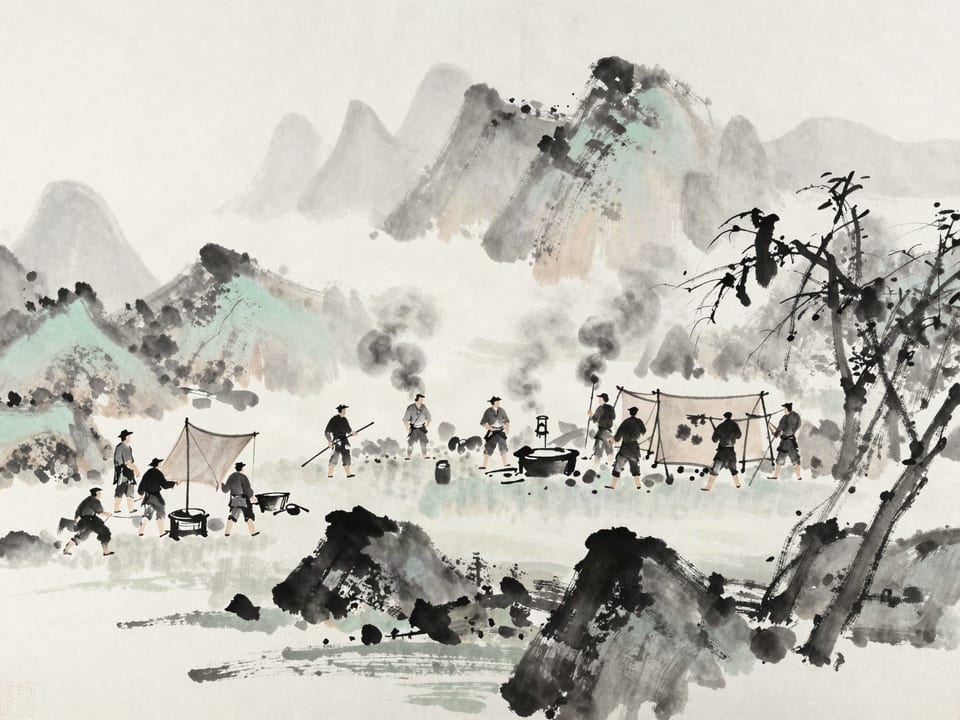 Ink wash painting: A camp in disarray: smoke drifting wrong, sentries arguing, the wells fouled, order gone.