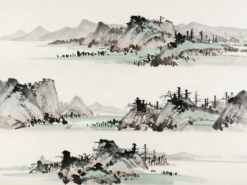 Ink wash painting: Six small landscape vignettes across one scroll: plain, gorge, marsh, pass, peak, and far shore.