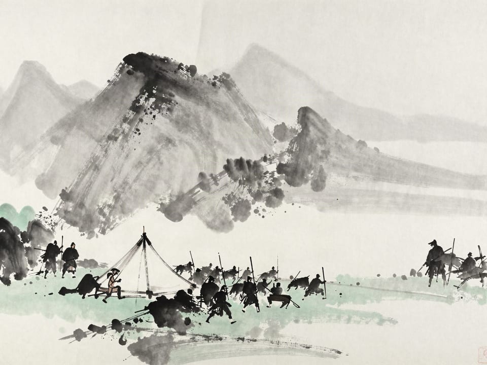 Ink wash painting: A field marshal’s tent in disarray, privileges scattered, the army beyond in disorder.