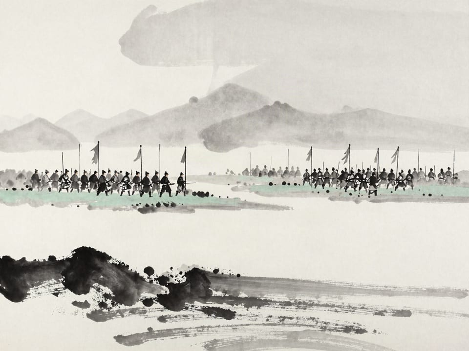 Ink wash painting: Two armies encamped out of reach across a wide marsh, banners patient, the ground between worthless.