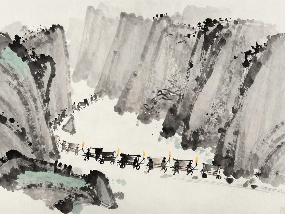 Ink wash painting: A caravan pressing fast through a narrow canyon, no camp raised, torches moving through the dark.