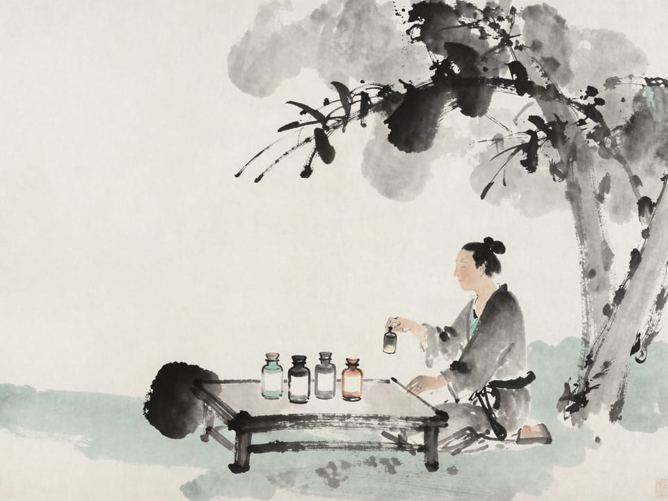 Ink wash painting: A physician with five vials on the table, choosing the one the illness actually needs.