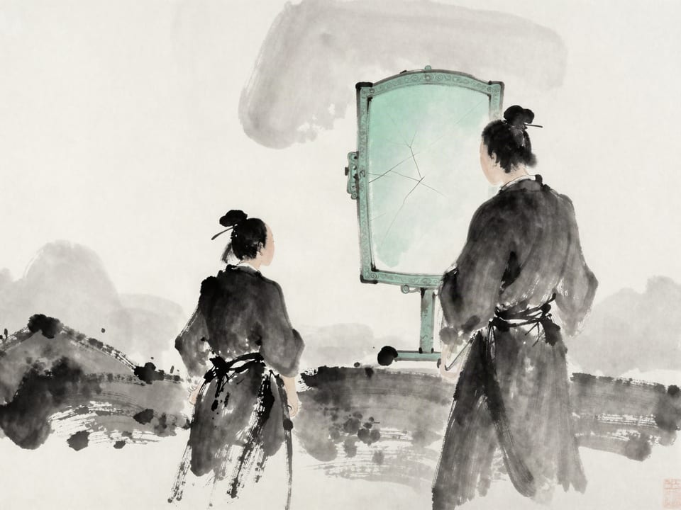 Ink wash painting: A warrior looking into a bronze mirror, five faint cracks across the reflection.