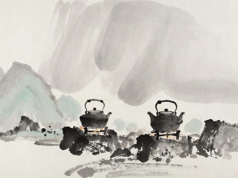 Ink wash painting: A kettle at full boil on a small flame, lid rattling, the fire beneath barely lit.