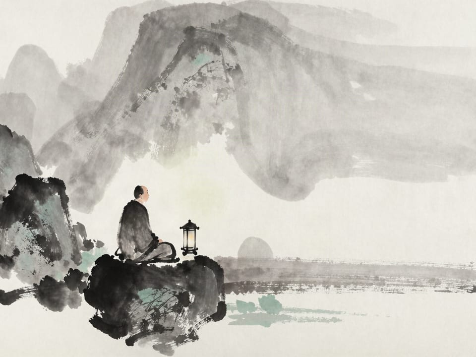 Ink wash painting: A monk seated alone before a wall at dawn, the lamp out, everything visible in the grey light.