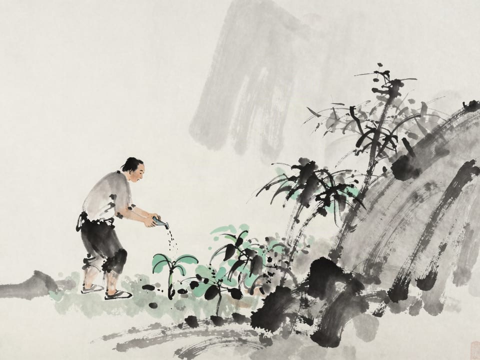 Ink wash painting: A gardener watering one seedling so constantly it drowns, the others dry beside it.