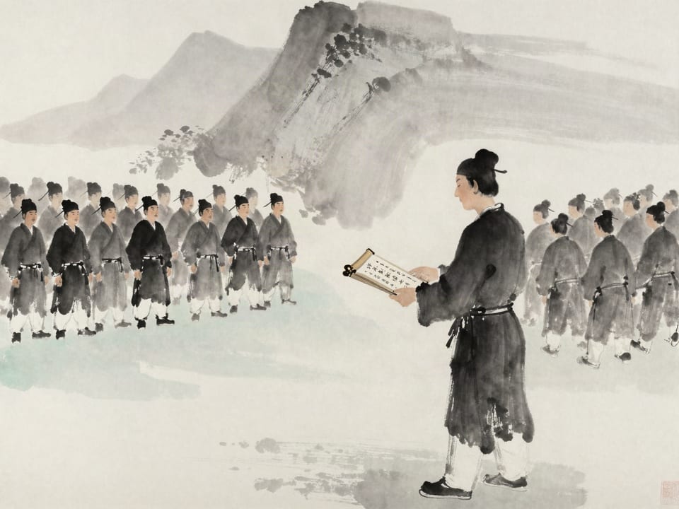 Ink wash painting: A general receiving a sealed writ with both hands, the army assembling in the courtyard behind him.