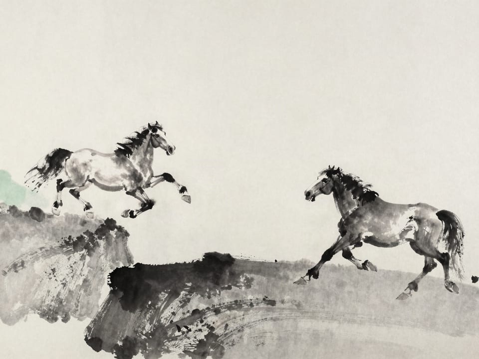 Ink wash painting: Two horses at a cliff edge: one plunging over, one rooted, the drop the same.