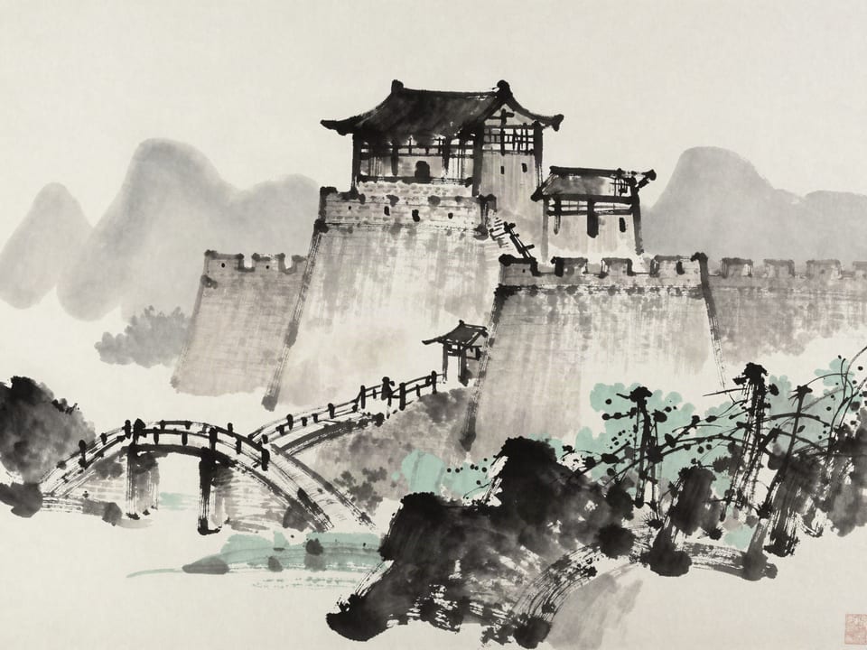 Ink wash painting: A castle with its drawbridge sound, gates oiled, watch set, whatever weather comes.