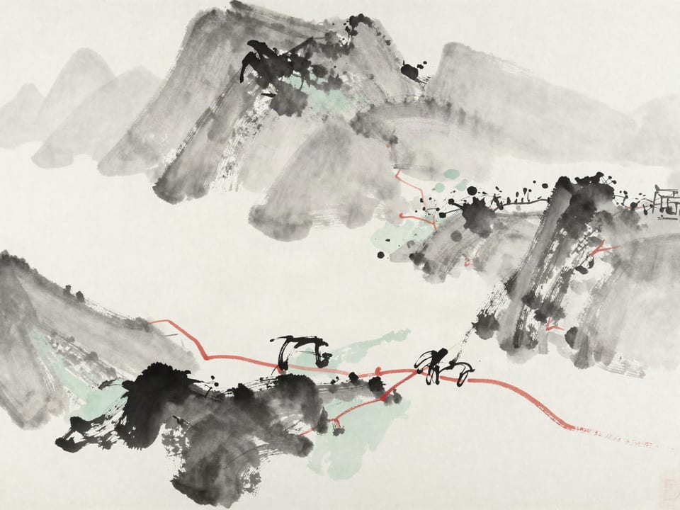 Ink wash painting: A map with several roads marked in red, a hand resting at a crossroads choosing the unmarked way.