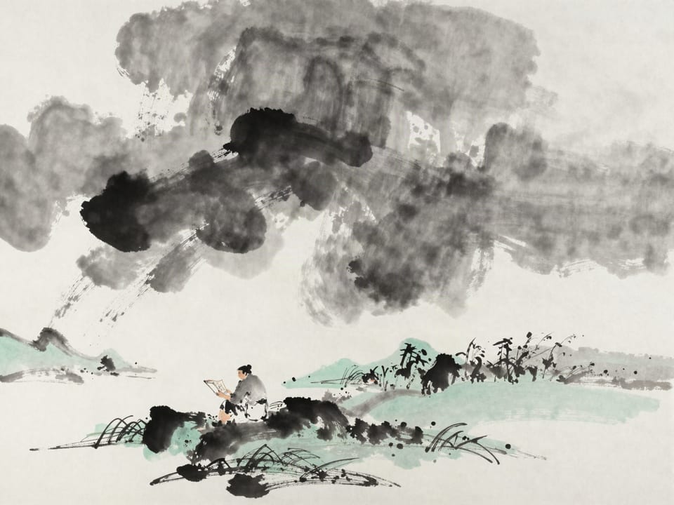 Ink wash painting: A farmer reading the first break in storm clouds to bring in the harvest.