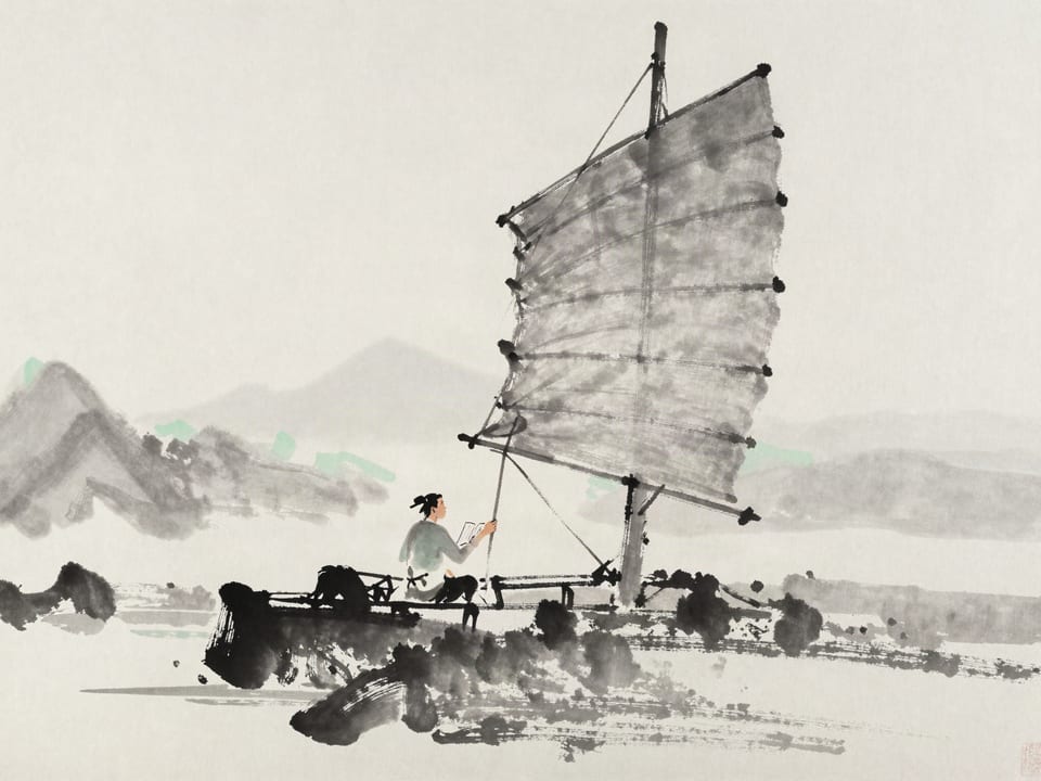 Ink wash painting: A helmsman reading shifting winds, one hand on the sail, one on the rudder.