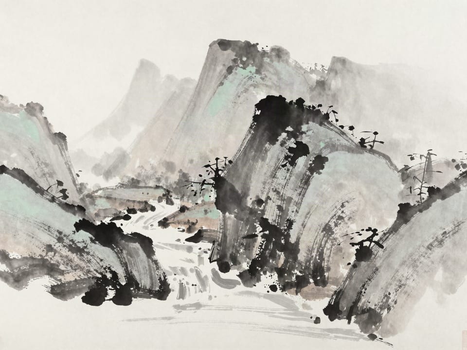 Ink wash painting: A mountain stream parting around a large rock and winding downhill, always finding the lowest way.