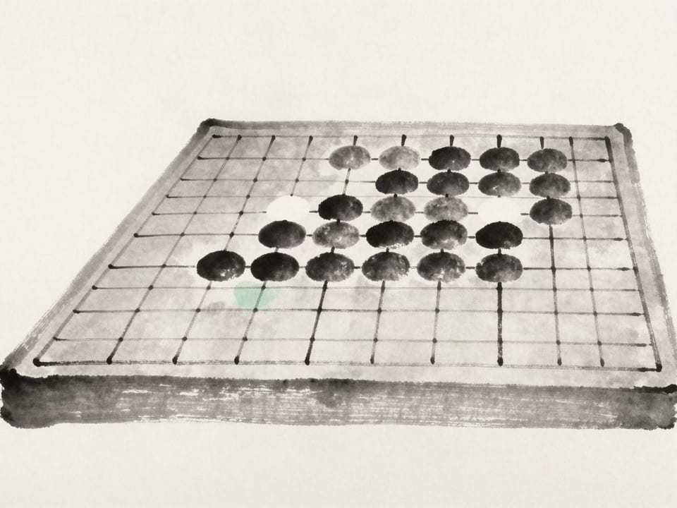 Ink wash painting: A go board mid-game, one side’s stones settled into quiet, inevitable order across half the board.