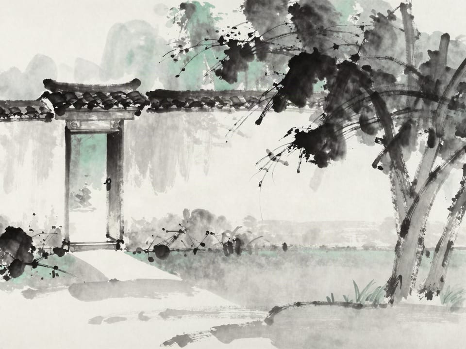 Ink wash painting: A gate left open in a garden wall, morning light spilling through, no one watching.