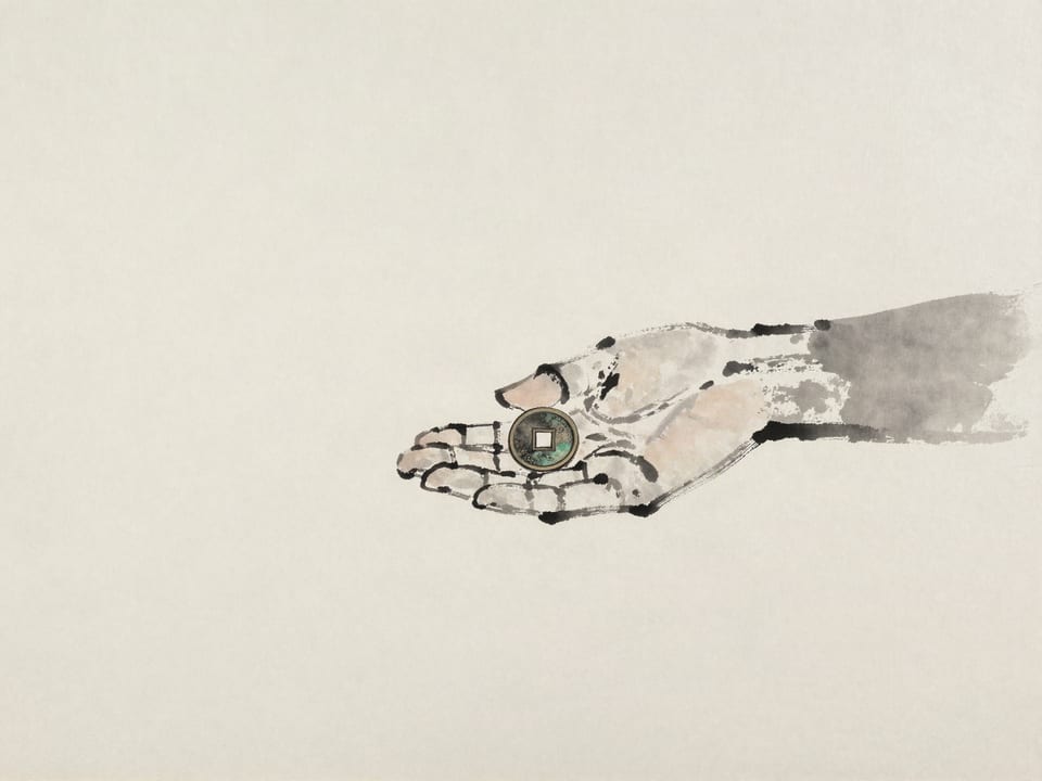 Ink wash painting: An open hand showing a coin, then closing — the coin’s resting place unknowable.