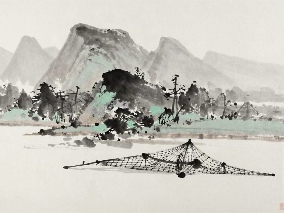 Ink wash painting: A net submerged just beneath the river surface, invisible from the bank.