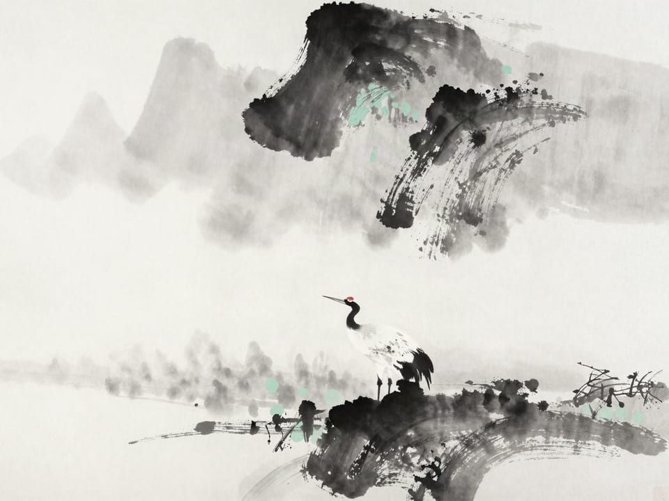 Ink wash painting: A single crane standing in white mist, visible and gone with each drift of the fog.