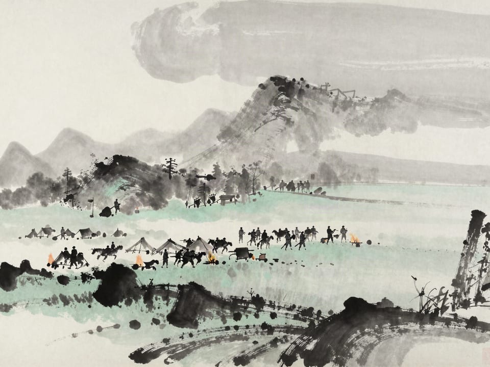 Ink wash painting: An army camp already raised in a meadow at dawn, campfires lit, while a distant column still marches in.