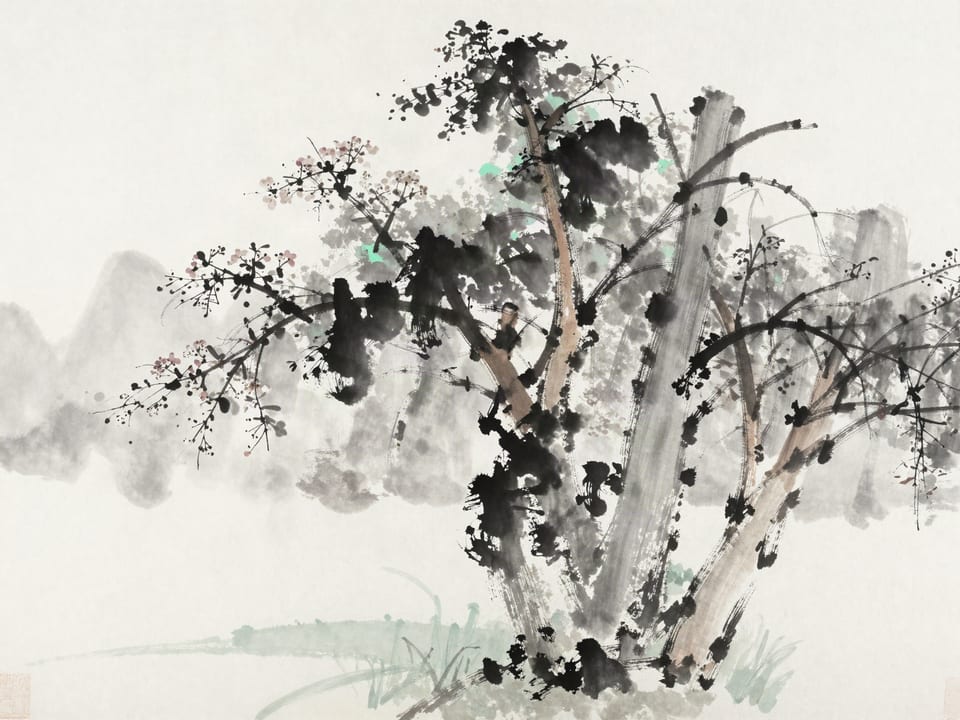 Ink wash painting: The seasons turning on one old tree: half in blossom, half in leaf, half bare, half gold.