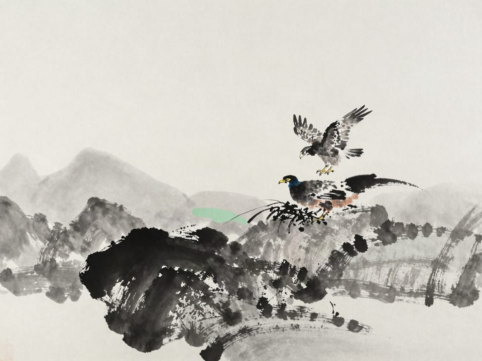 Ink wash painting: A hawk stooping not at the pheasant but at the nest it must return to.