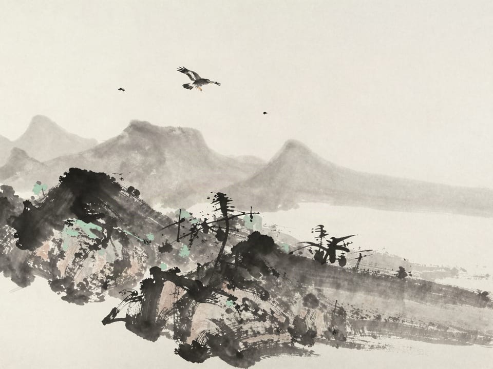 Ink wash painting: Small birds harrying a hawk high in the sky, striking from every side as it tires.