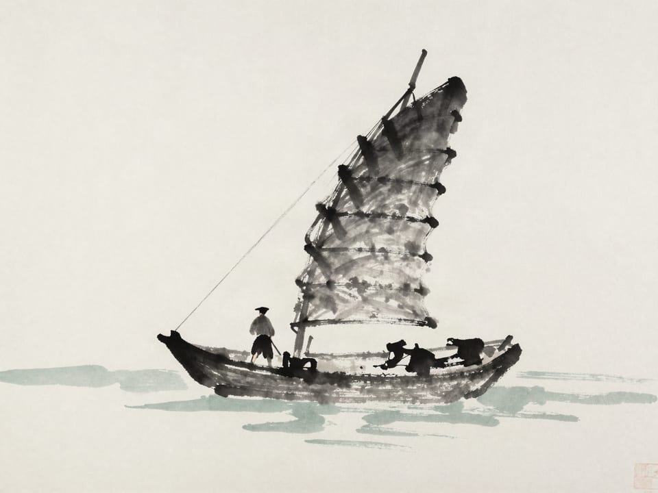 Ink wash painting: A skipper turning his junk’s sail into a shifting wind, hull leaning, course correcting itself.