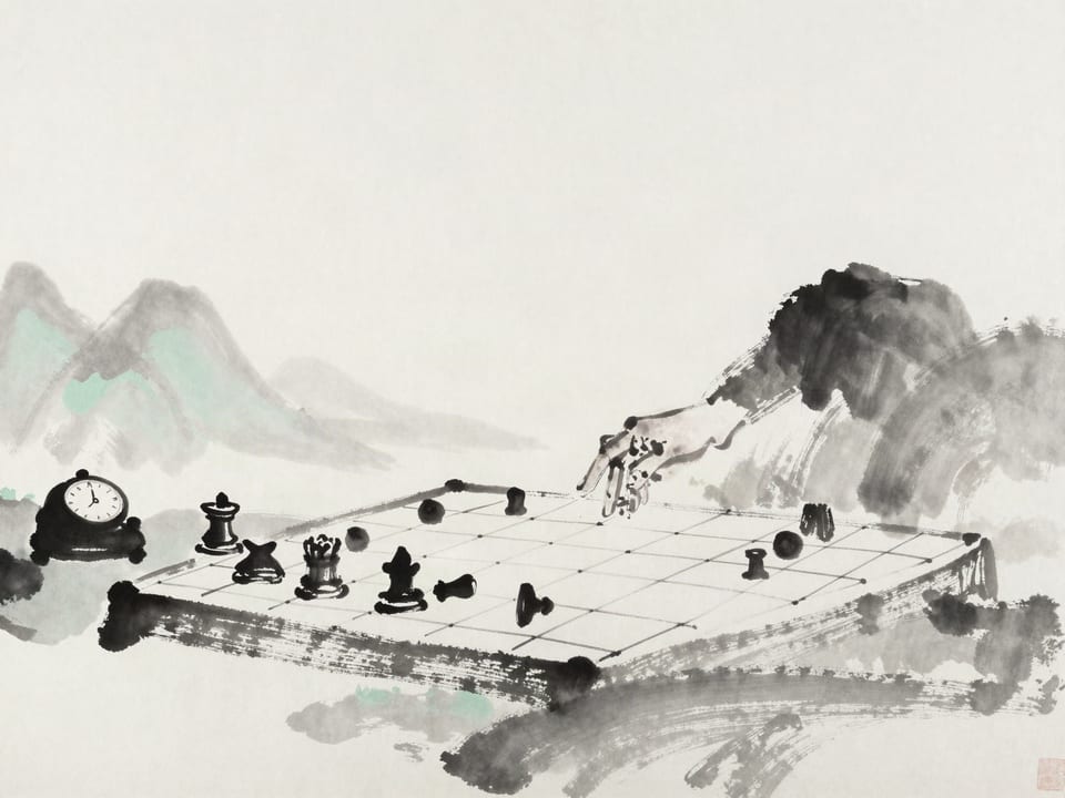 Ink wash painting: A single chess hand moving while the opponent’s clock runs, pieces waiting on his untouched side.