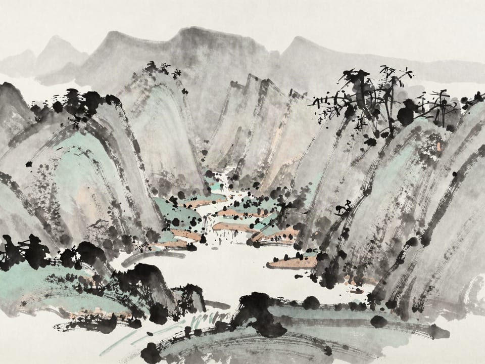 Ink wash painting: Many small streams converging from far valleys into one deep pool at a precise gorge.