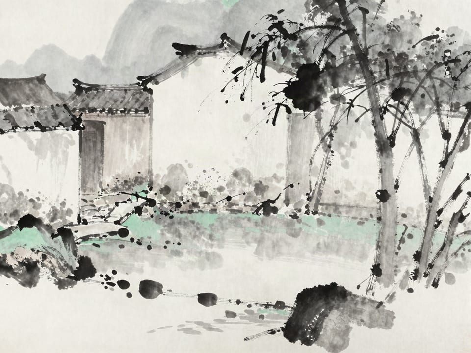 Ink wash painting: Rain finding every crack in a courtyard, pooling only where the ground lets it.