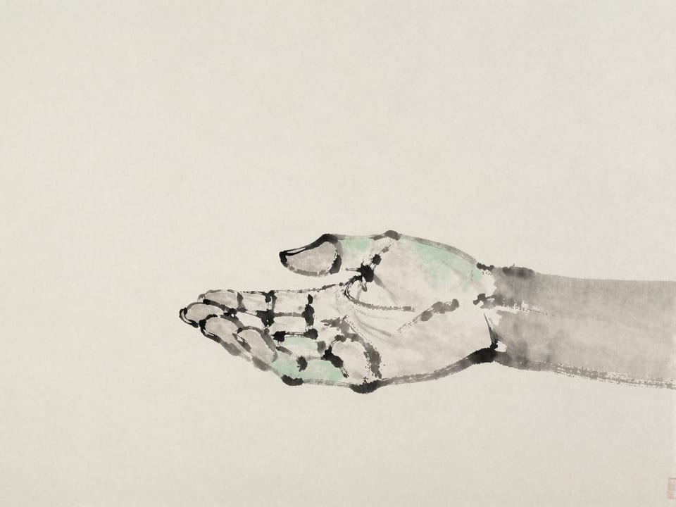 Ink wash painting: One closed fist beside an open hand with fingers spread wide apart.